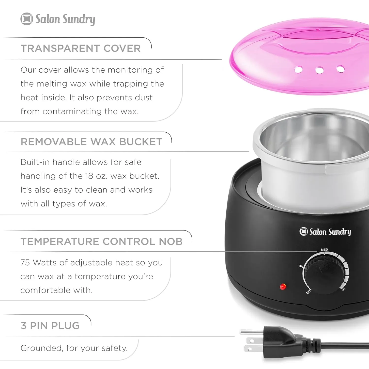 Salon Sundry Portable Electric Hot Wax Warmer Machine for Hair Removal - Black with Pink Lid