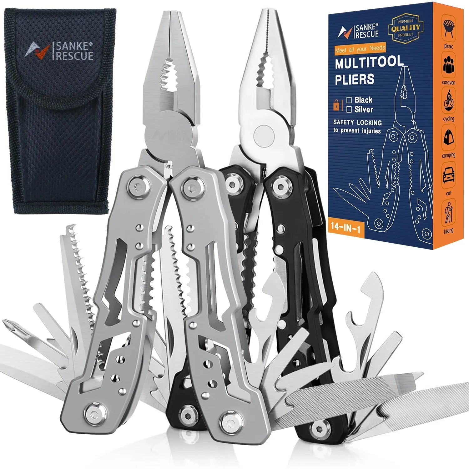 SANKE RESCUE 14-in-1 Portable Multitool with Pliers and Knife for Camping and Survival