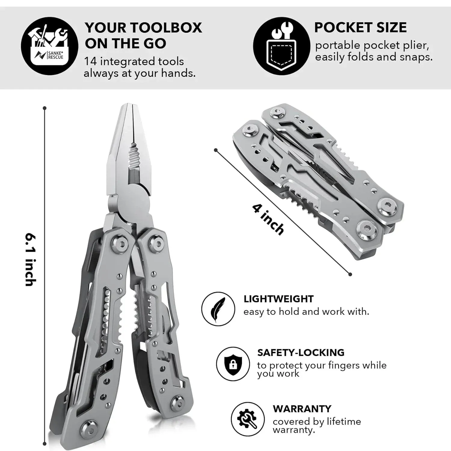 SANKE RESCUE 14-in-1 Portable Multitool with Pliers and Knife for Camping and Survival