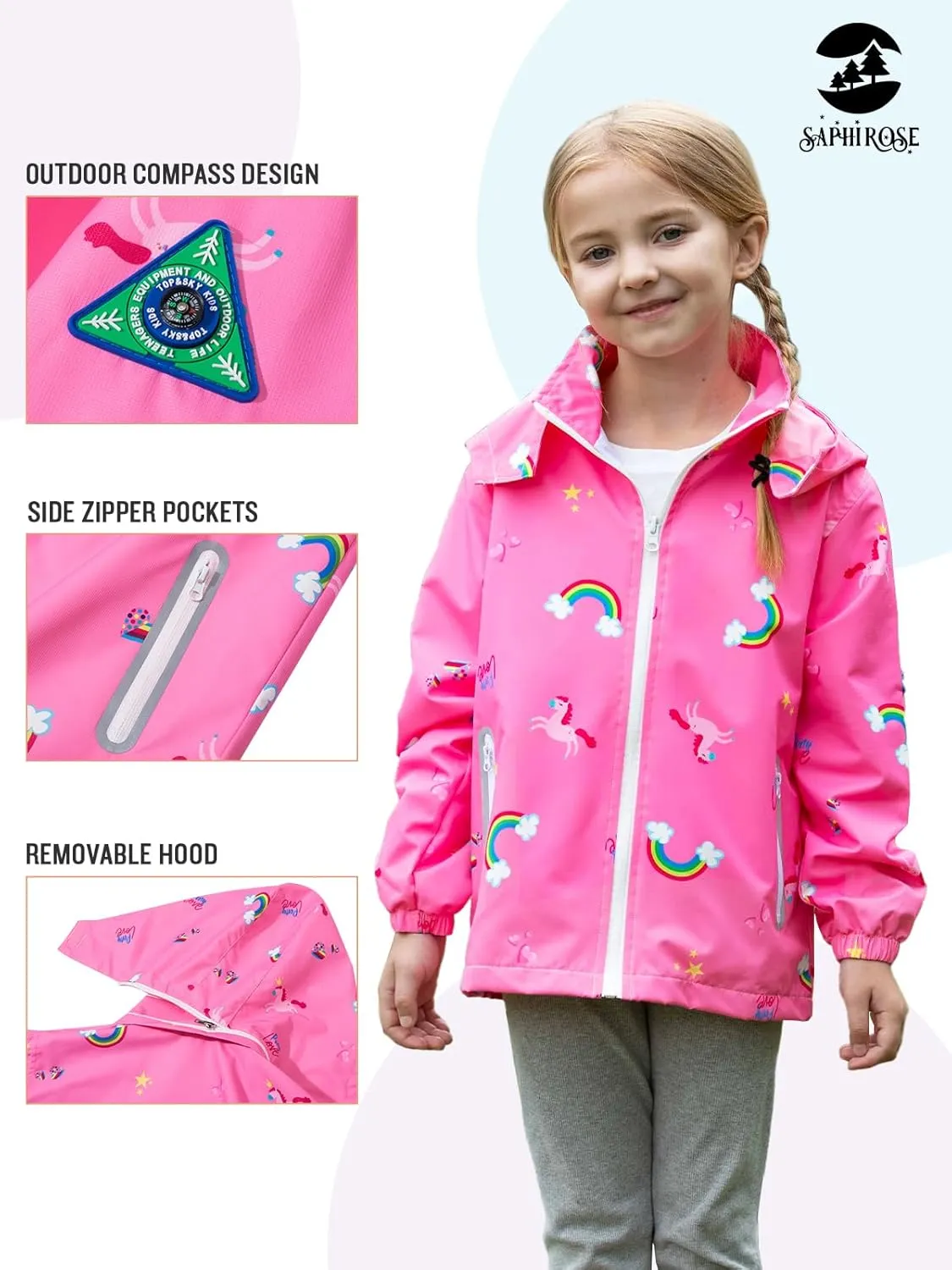 SaphiRose Kids Rain Jacket Waterproof Raincoat Mesh Lined Coat with Removable Hood for Boys Girls