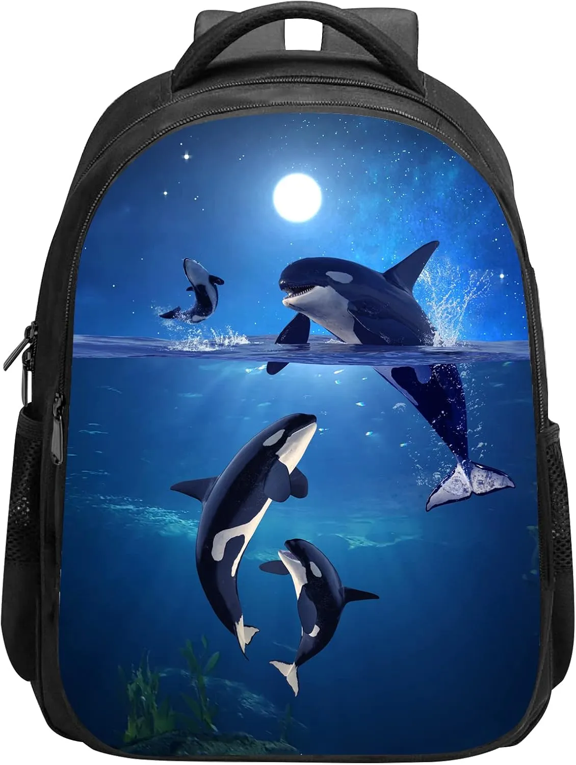 SARA NELL Kids Whale Backpack Orcas Killer Whale in Galaxy Moon Light School Bookbag for Boys Girls, Kindergarten Elementary School Backpack, Premium Book Bag with 2 Main Compartment, 15.7 Inches
