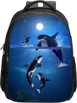 SARA NELL Kids Whale Backpack Orcas Killer Whale in Galaxy Moon Light School Bookbag for Boys Girls, Kindergarten Elementary School Backpack, Premium Book Bag with 2 Main Compartment, 15.7 Inches