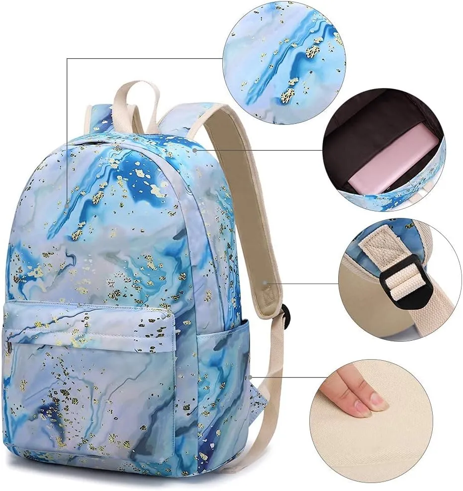 School Backpack for Teen Girls Women Laptop Backpack Marble College Bookbags Middle School Travel Work Commuter Back Pack(Marble Blue)
