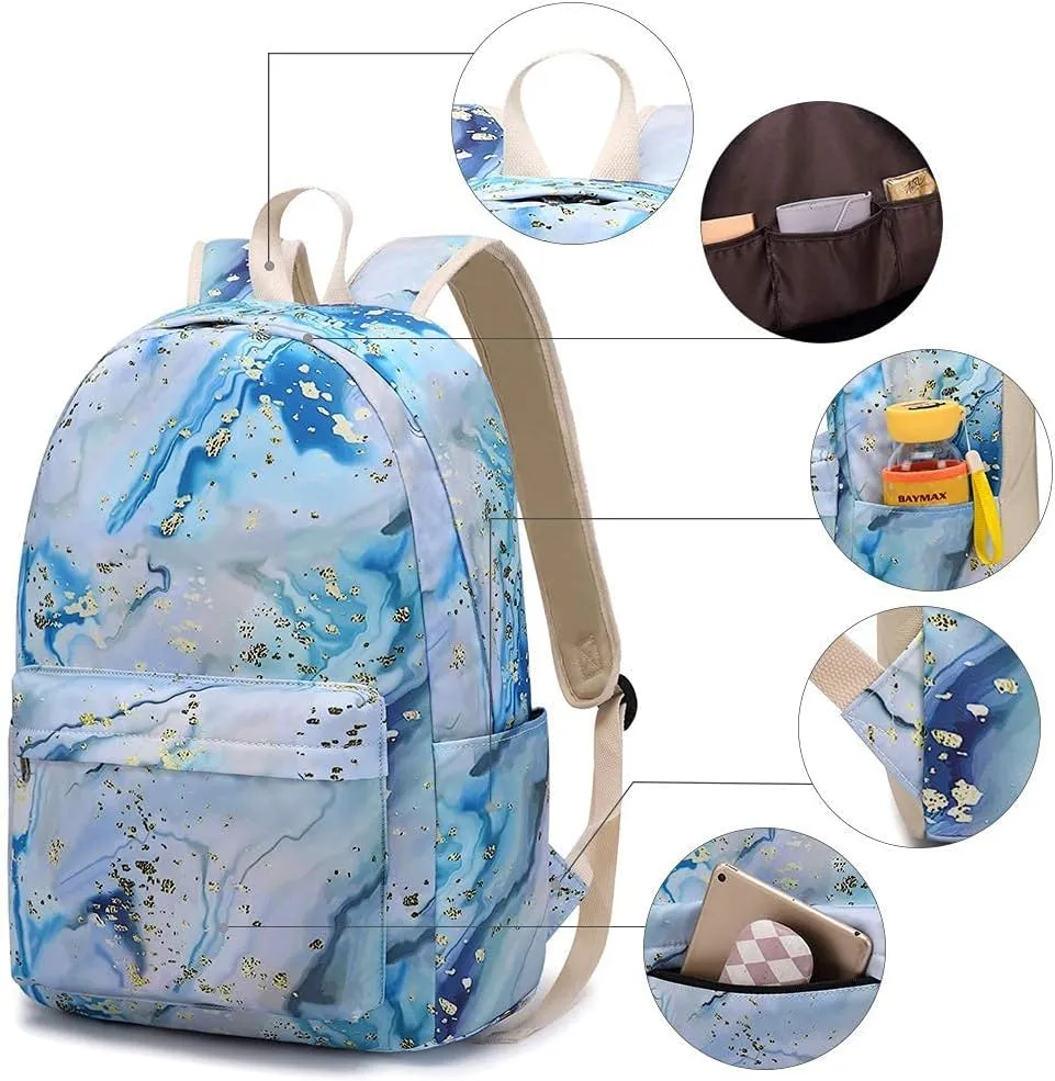 School Backpack for Teen Girls Women Laptop Backpack Marble College Bookbags Middle School Travel Work Commuter Back Pack(Marble Blue)