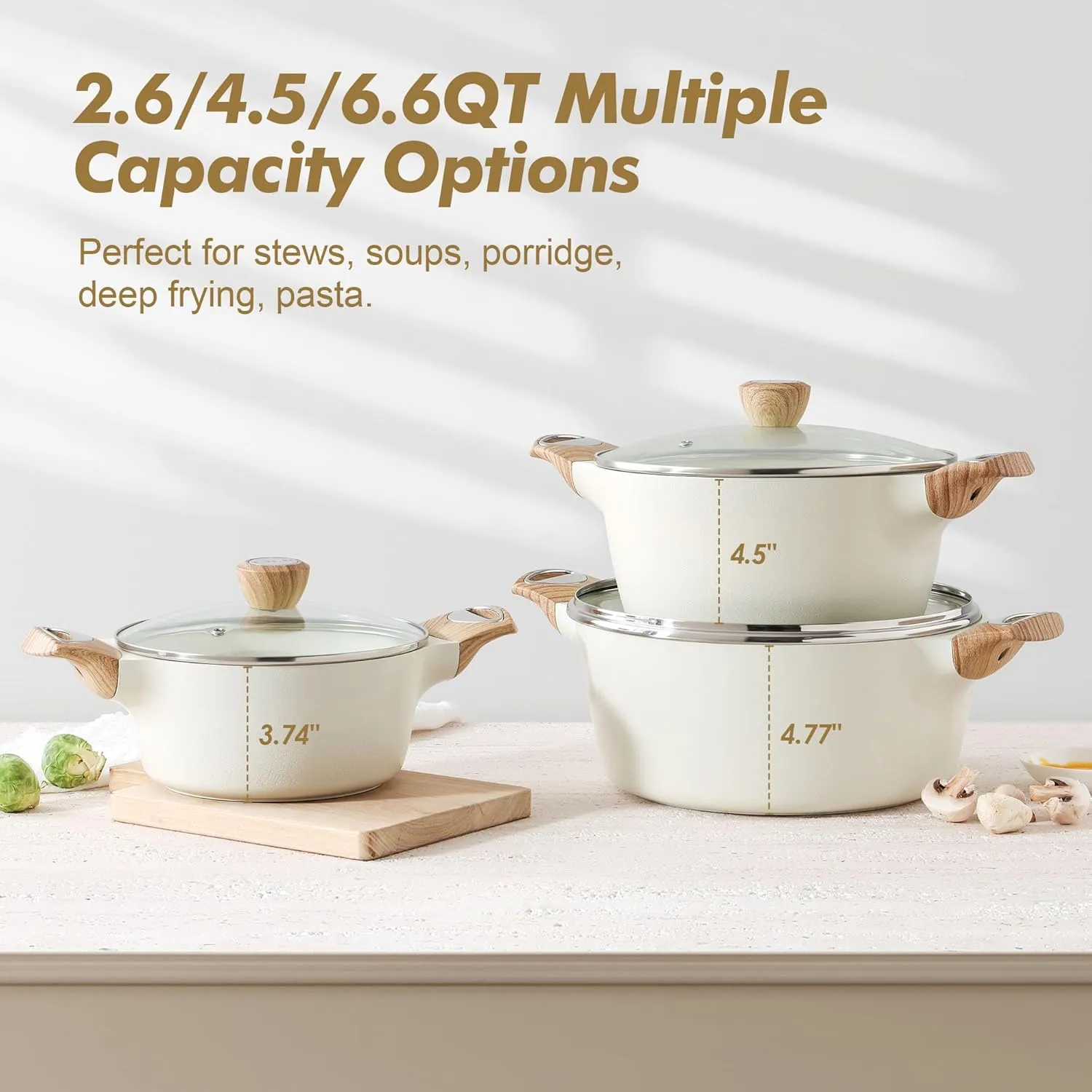 SENSARTE Ceramic Nonstick Stock Pot with Lid, 2.6/4.5/6.6 QT Soup Pot Casserole Pot, Non-toxic Healthy Pasta Pot, Large Cooking Pot Stew Pot, Induction Compatible, PFOA PFAS PTFE Free, White