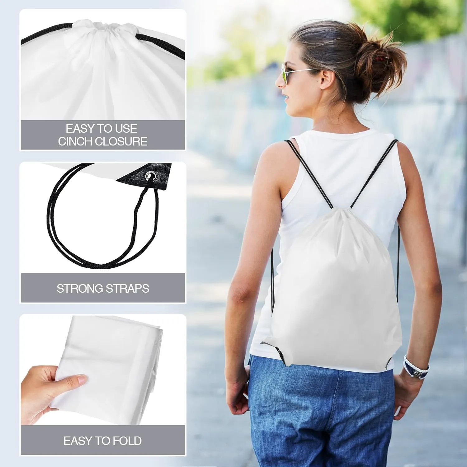 Shappy 100 Pcs Drawstring Backpack Bulk Sports Gym Cinch Bag Polyester String Bag for Men Women (White)