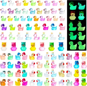 ShinyRelief 490 Pcs Luminous Mini Resin Ducks Bulk Glitter Tiny Duck Figures Glow in The Dark Mini Ducks Wearing Hat Sunglasses Crown for Micro Garden Landscape Dollhouse Cake Potted Plants DIY Decor