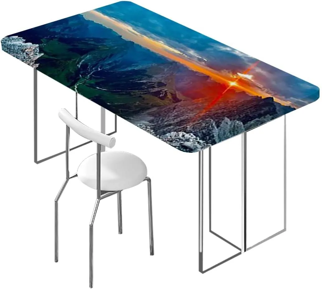 Slate Blue Orange Elastic Tablecloth for Indoors Outdoors Mountain Range with Creek Art Waterproof Spill-Easy to Wipe, Great for Picnic Party Outdoor Patio Aerial View Fits up 5 Foot Tables