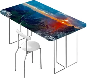 Slate Blue Orange Elastic Tablecloth for Indoors Outdoors Mountain Range with Creek Art Waterproof Spill-Easy to Wipe, Great for Picnic Party Outdoor Patio Aerial View Fits up 5 Foot Tables