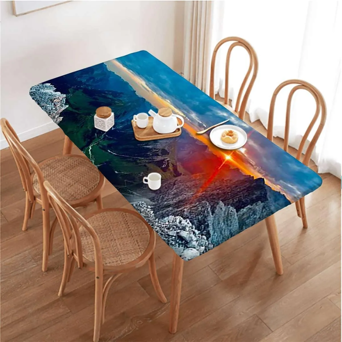Slate Blue Orange Elastic Tablecloth for Indoors Outdoors Mountain Range with Creek Art Waterproof Spill-Easy to Wipe, Great for Picnic Party Outdoor Patio Aerial View Fits up 5 Foot Tables