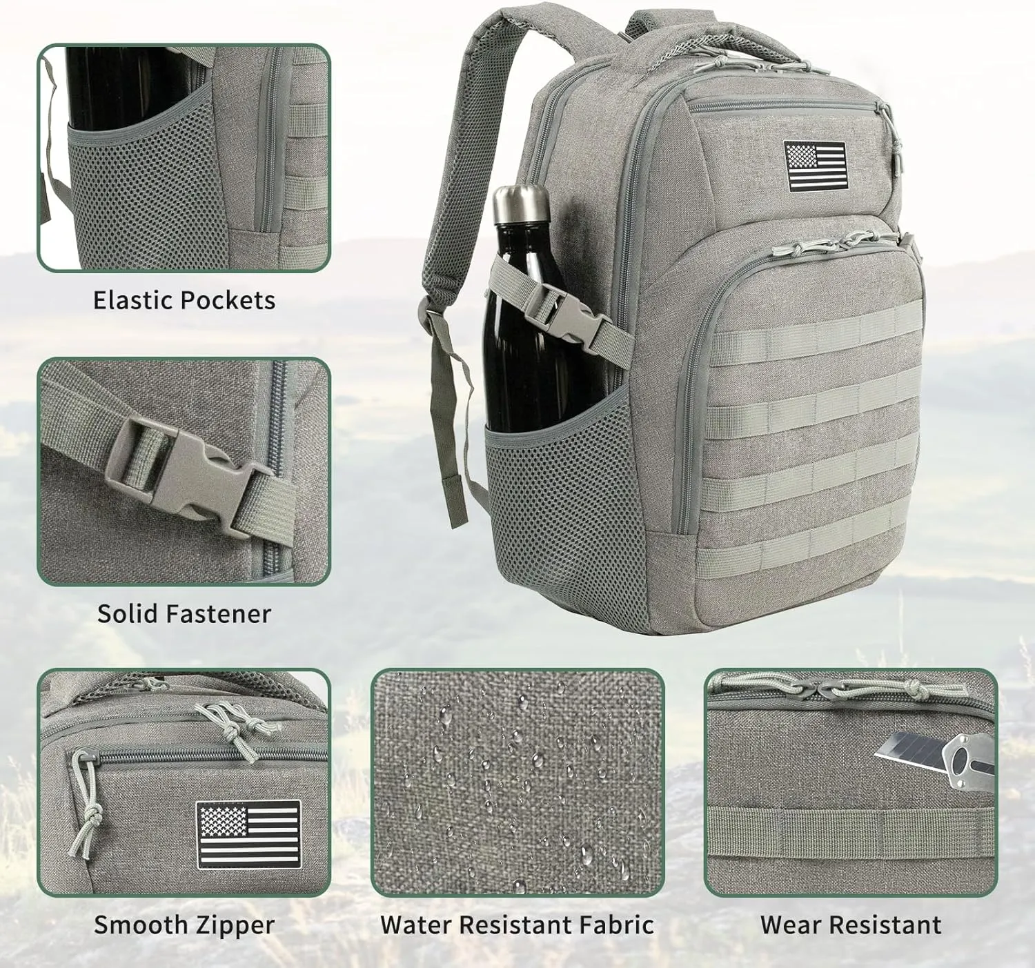 Small Military Tactical Backpack for Men, Travel Hiking Backpack with Bottle Holder, 25L Laptop Backpack for Work, College Computer Bag Fits 15.6/14.3 Inch Laptop and Notebook - Gray