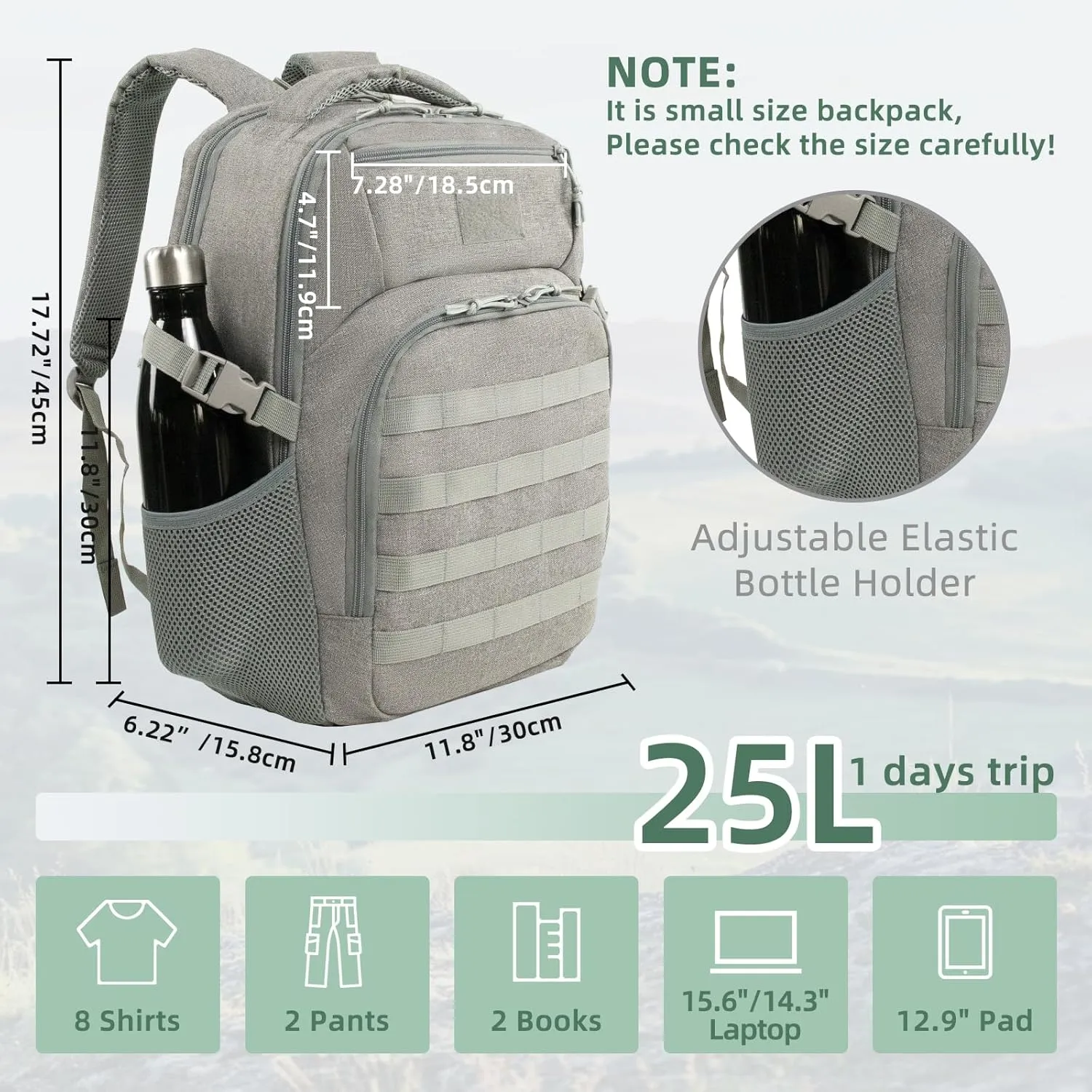 Small Military Tactical Backpack for Men, Travel Hiking Backpack with Bottle Holder, 25L Laptop Backpack for Work, College Computer Bag Fits 15.6/14.3 Inch Laptop and Notebook - Gray