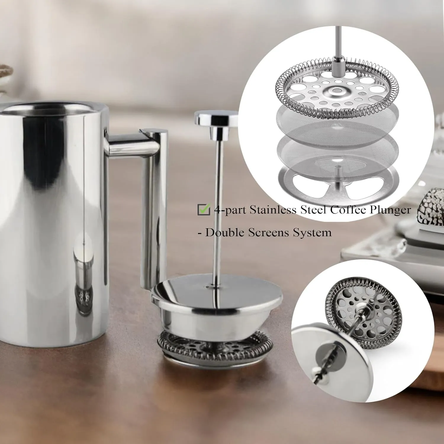 Small Stainless Steel French Press, 12oz Dual-Filter Coffee Plunger Pot Brewer and Maker for Individual Serving, Silver