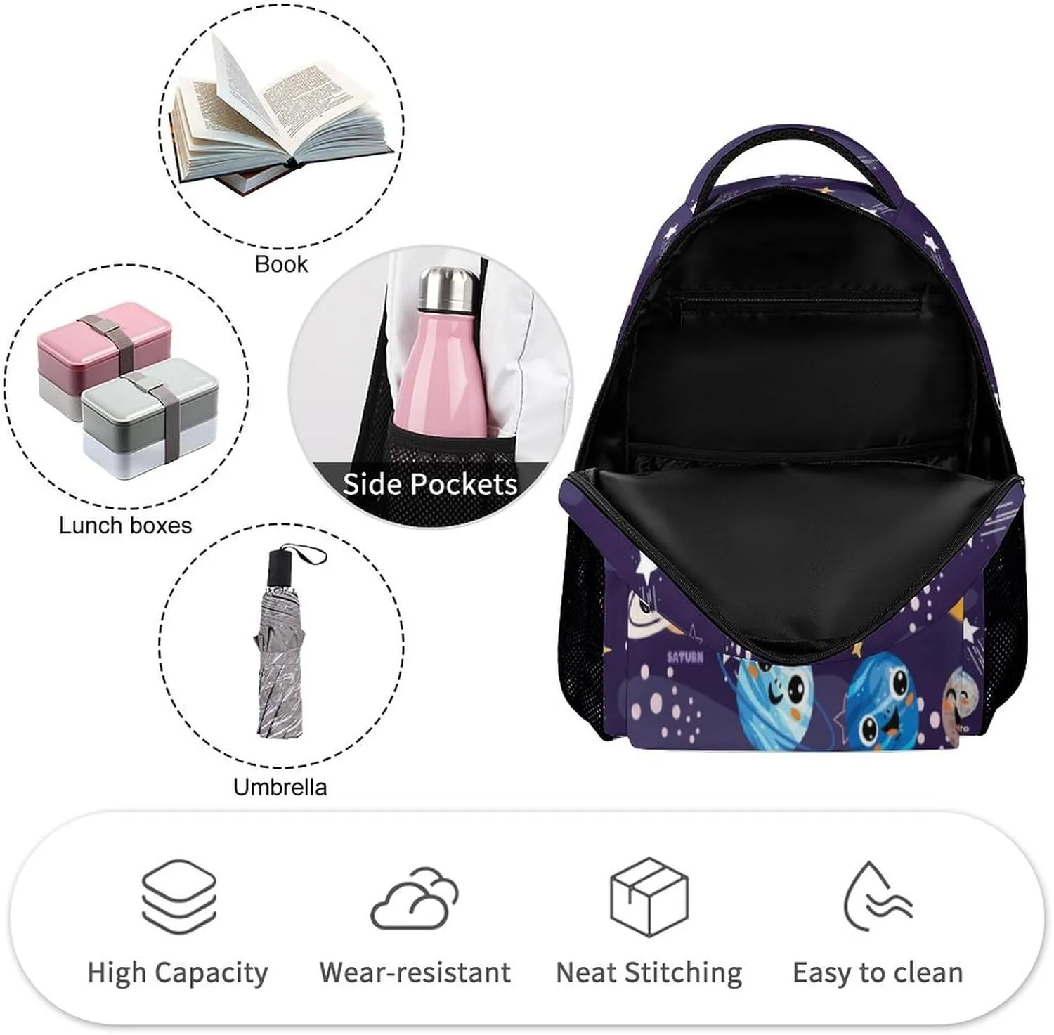 Solar System School Backpack for Kids Girls Boys, 16 Inch Cute Planet Themed Bookbag, Personalized School Backpack for Students Children, Lightweight, Large Capacity