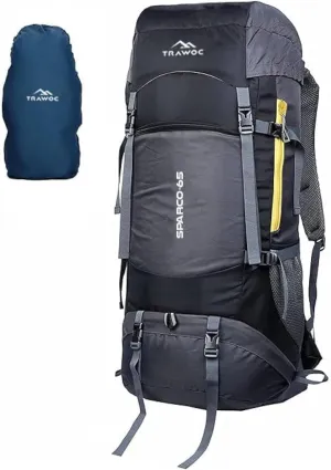 SPARCO 65L Travel Backpack Hiking Trekking Camping Rucksack for Men & Women, Rain Cover/Shoe Compartment, Black