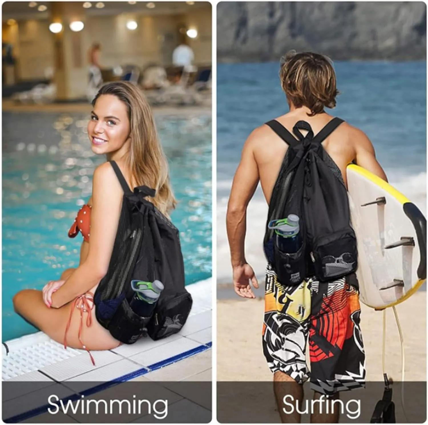 Sports Gym Drawstring Backpack Large Capacity Great Load Bearing Mesh Swim Bag with Wet Pocket Swimming Travel Beach Backpack Blue