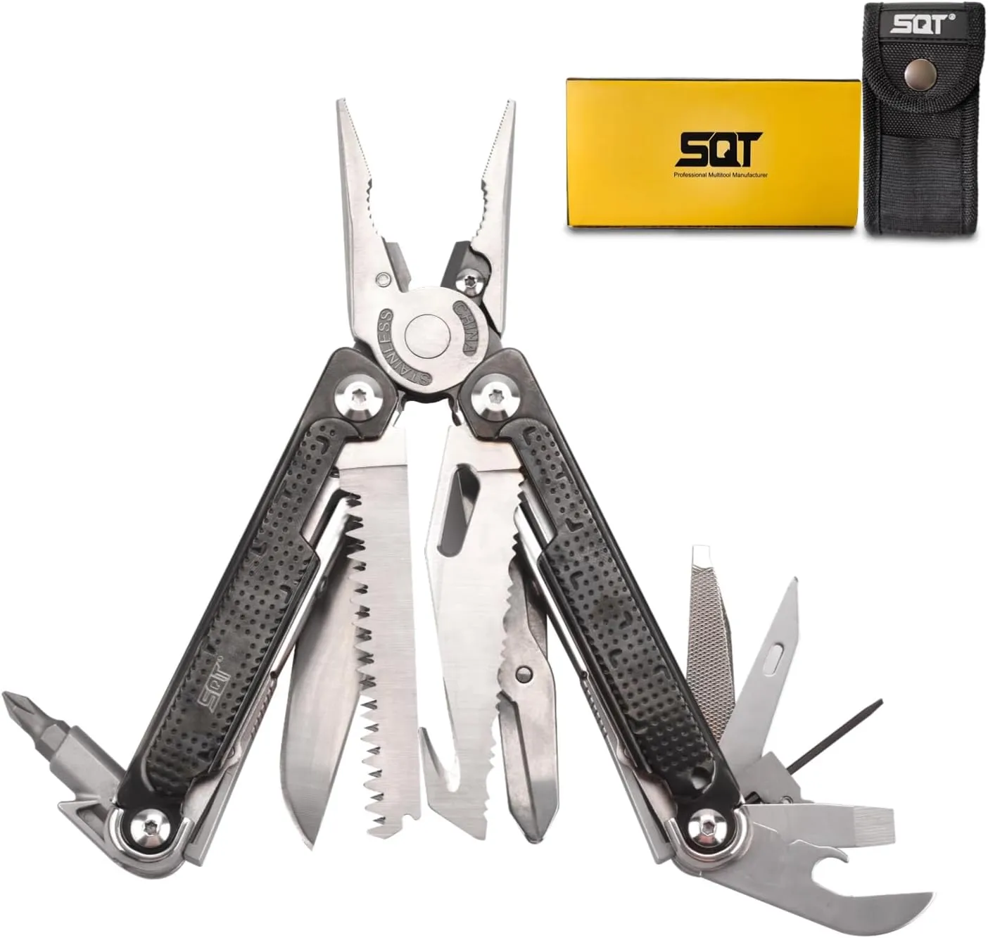 SQT2048 20-in-1 Multitool, Gifts for Men, Foldable & Self-Locking, Professional Multitool for DIY, Outdoor Camping, and Home Repairs, Black