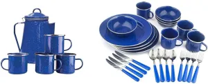 Stansport Enamel Percolator Coffee Pot & 4 Mug Set (11230),Blue & Deluxe 24-Piece Enamel Tableware Set - Blue (11220)