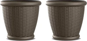 Suncast 2 Pack Wicker Planter w/Drillable Drain Holes, Decorative Indoor/Outdoor Pot, 18in, Java