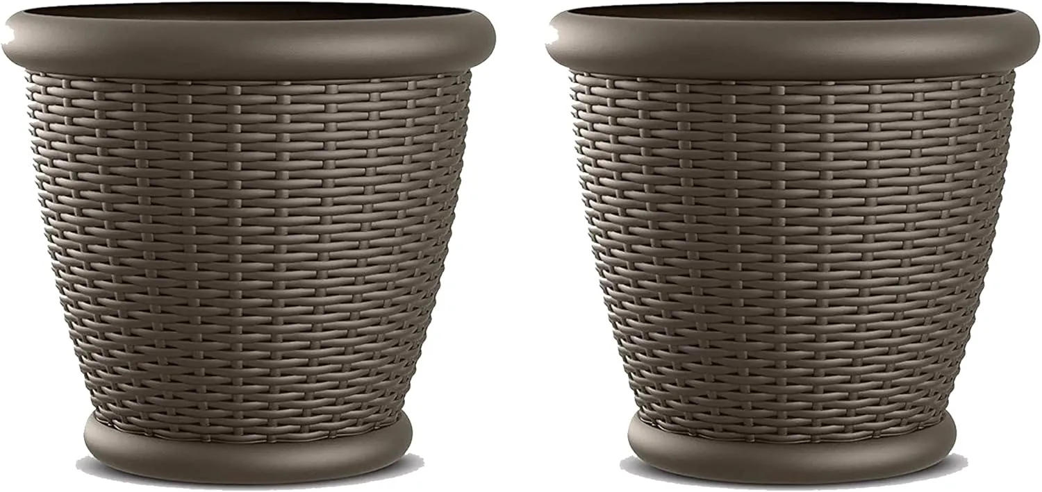 Suncast 2 Pack Wicker Planter w/Drillable Drain Holes, Decorative Indoor/Outdoor Pot, 18in, Java