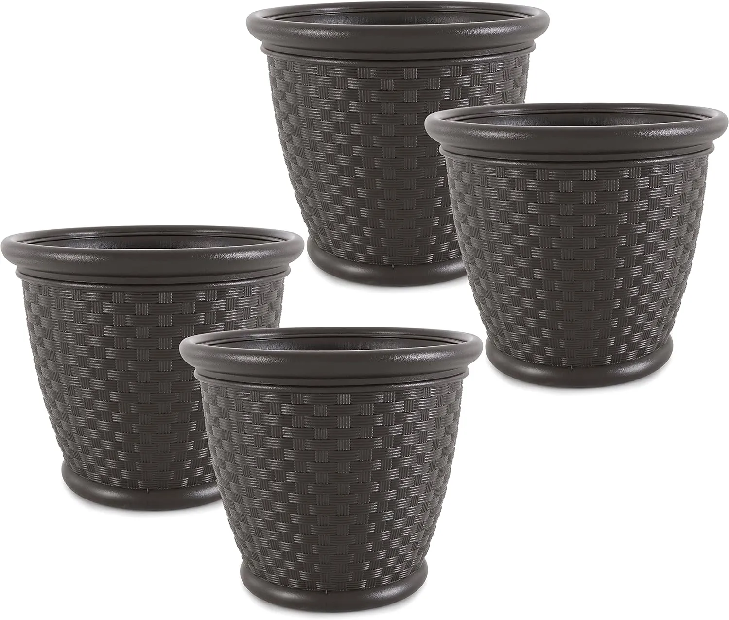 Suncast 4 Pack Sonora 18 Inch Lightweight Durable Plastic Wicker Decorative Flower Planter Pot for Yard, Garden, Indoor or Outdoor Use, Brown