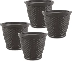 Suncast 4 Pack Sonora 18 Inch Lightweight Durable Plastic Wicker Decorative Flower Planter Pot for Yard, Garden, Indoor or Outdoor Use, Brown