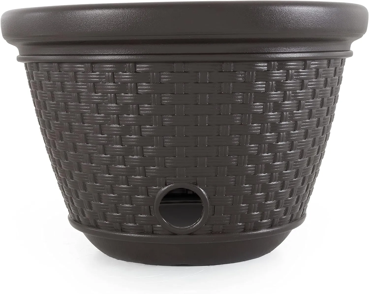 Suncast Decorative Wicker Garden Hose Holder Pot with 4 Drain Holes for 100 Foot Hoses, Java