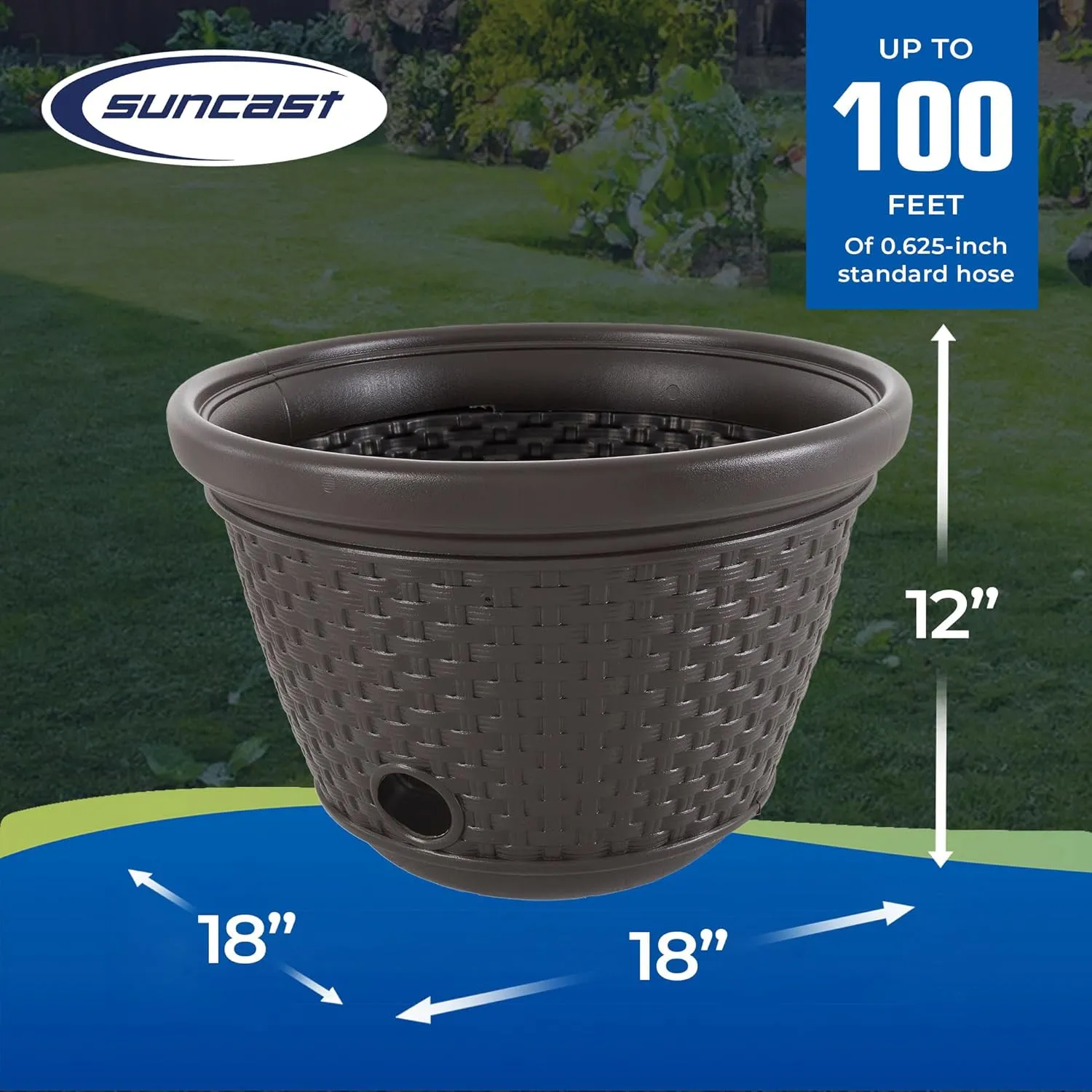 Suncast Decorative Wicker Garden Hose Holder Pot with 4 Drain Holes for 100 Foot Hoses, Java