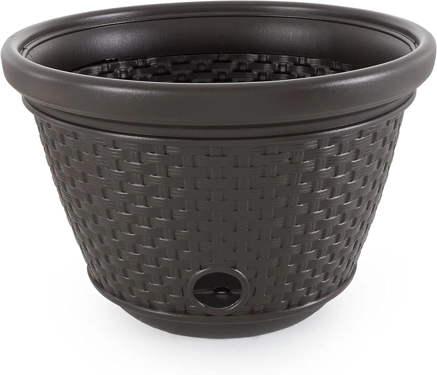 Suncast Decorative Wicker Garden Hose Holder Pot with 4 Drain Holes for 100 Foot Hoses, Java