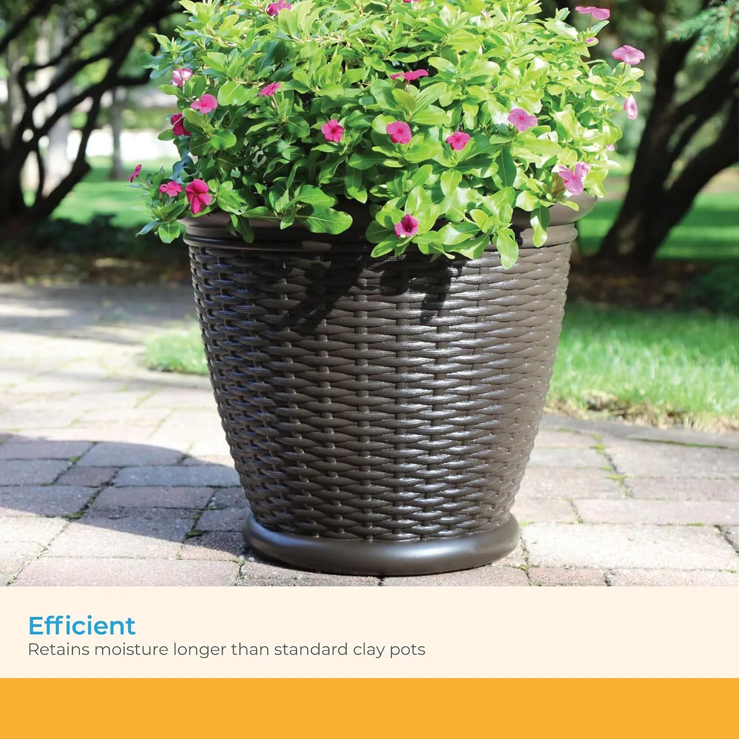 Suncast Wicker Planter w/ Drillable Drain Holes, Decorative Indoor/Outdoor Pot, 18in, Java