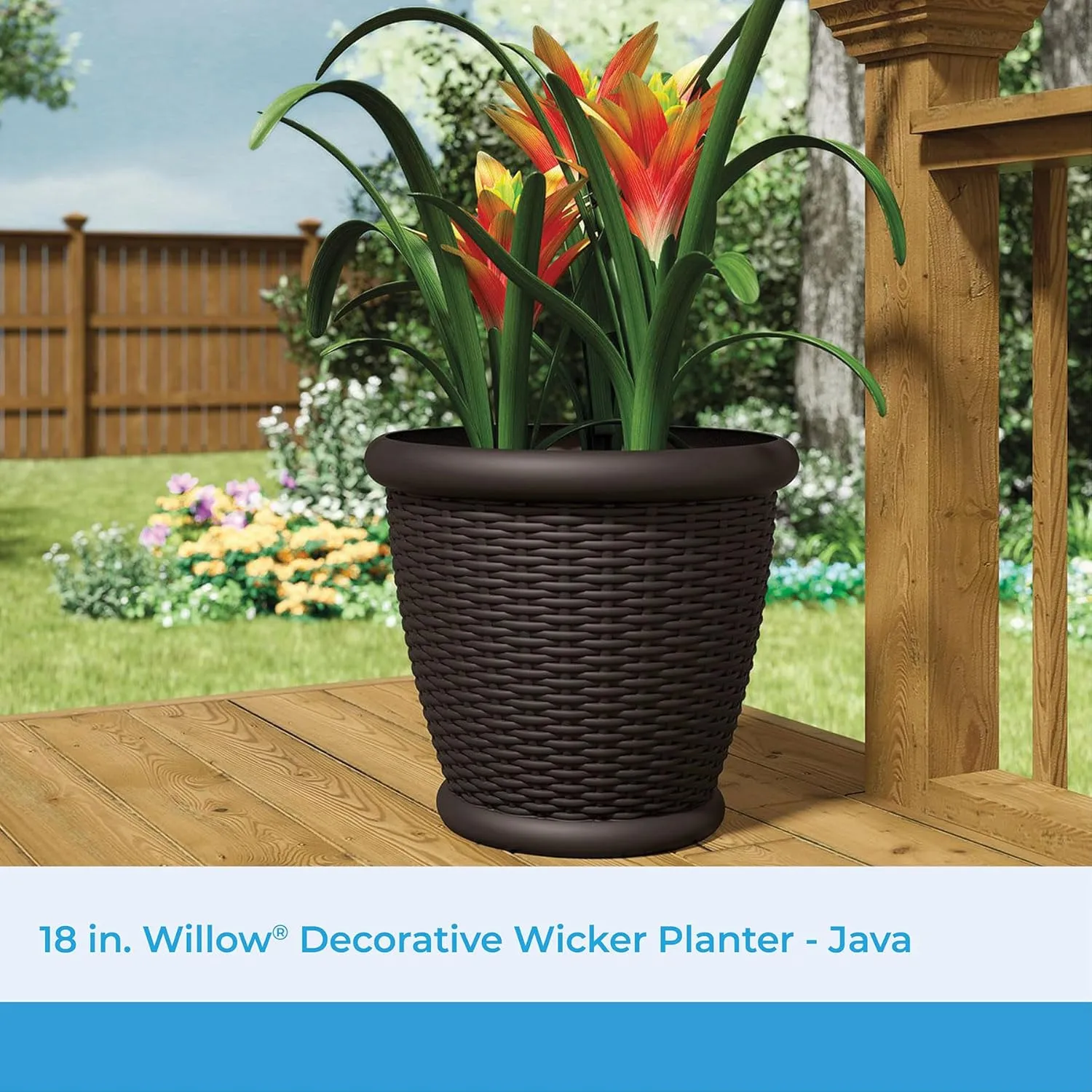 Suncast Wicker Planter w/ Drillable Drain Holes, Decorative Indoor/Outdoor Pot, 18in, Java