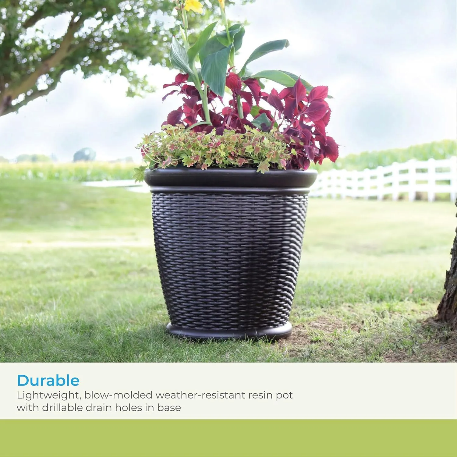 Suncast Wicker Planter w/ Drillable Drain Holes, Decorative Indoor/Outdoor Pot, 18in, Java