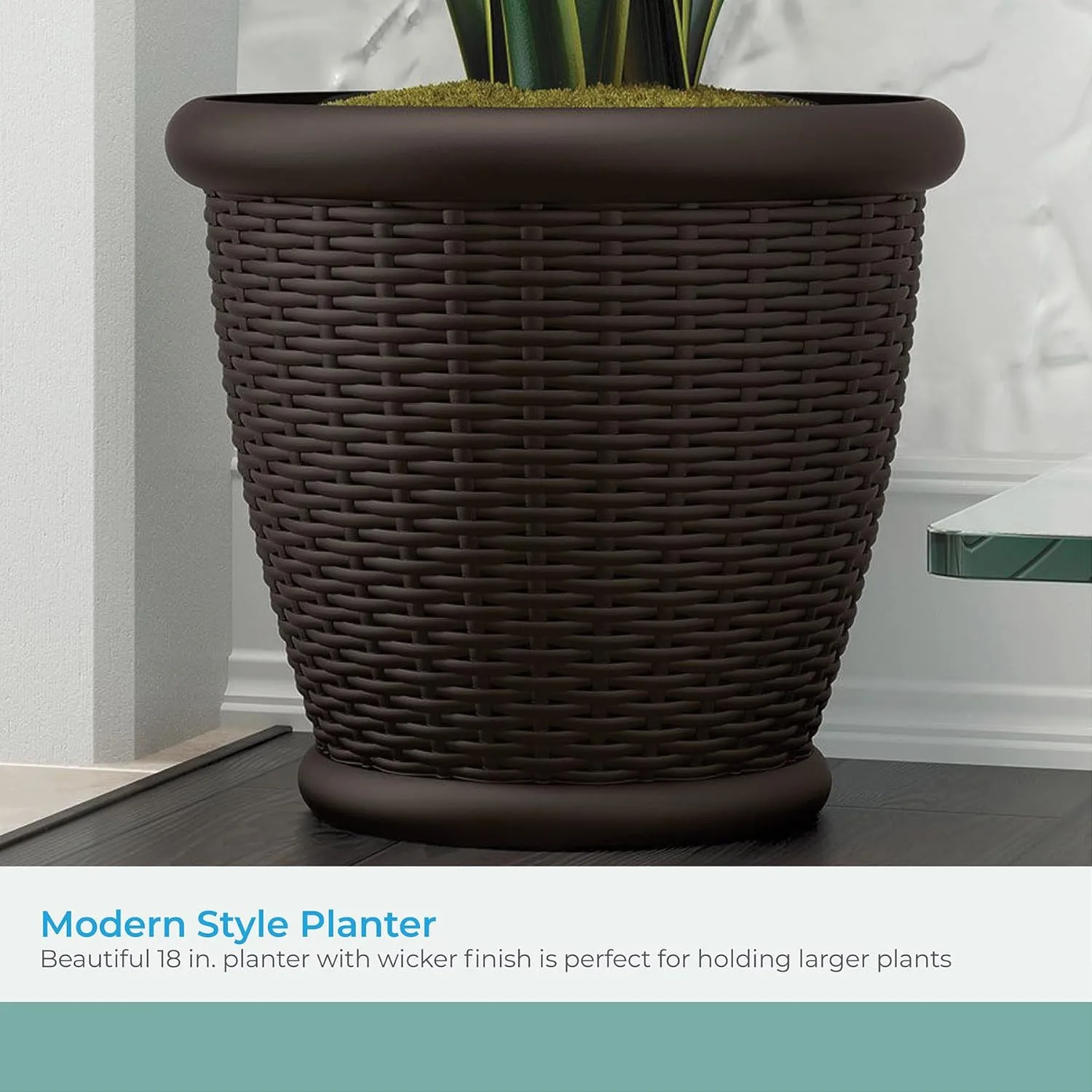 Suncast Wicker Planter w/ Drillable Drain Holes, Decorative Indoor/Outdoor Pot, 18in, Java