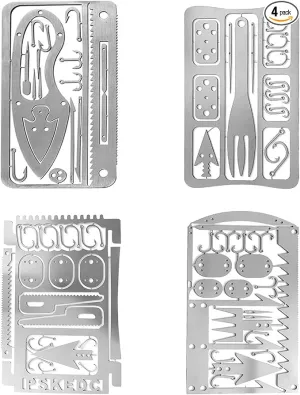 Survival Gear Credit Card Multi Tool - Camping Multipurpose EDC Multitool - Fishing Hooks, Gift Idea (Silver 4PC)