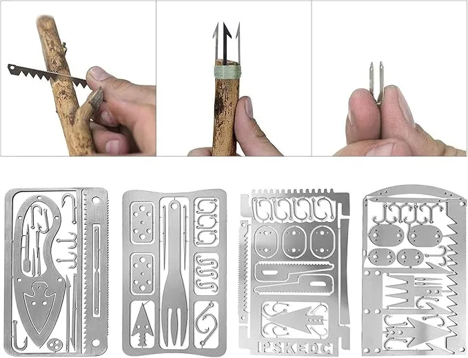 Survival Gear Credit Card Multi Tool - Camping Multipurpose EDC Multitool - Fishing Hooks, Gift Idea (Silver 4PC)