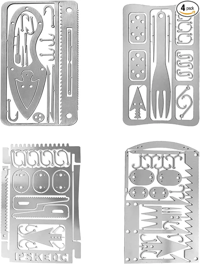 Survival Gear Credit Card Multi Tool - Camping Multipurpose EDC Multitool - Fishing Hooks, Gift Idea (Silver 4PC)