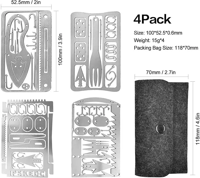 Survival Gear Credit Card Multi Tool - Camping Multipurpose EDC Multitool - Fishing Hooks, Gift Idea (Silver 4PC)
