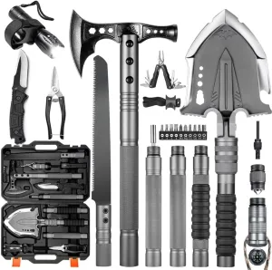 Survival Shovel Multitool with Axe 28 in 1 Unbreakable Tactical Shovel kit Compact Camping Shovel for Outdoor Caming Hiking Backpacking Emergency