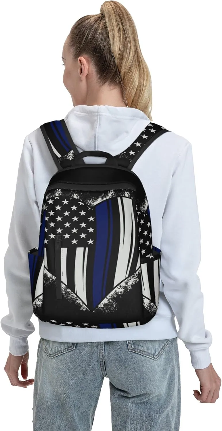 SWEET TANG American Thin Blue Line Flag Police love heart pattern black Backpack for Men Travel Laptop Backpack College Backpack Laptop Bag for Women