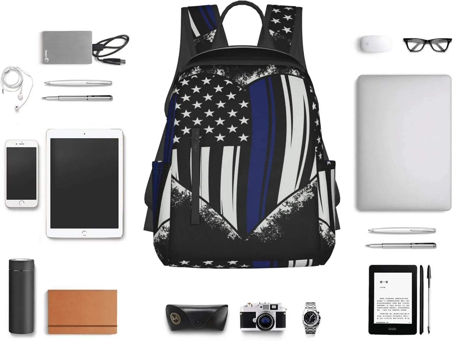 SWEET TANG American Thin Blue Line Flag Police love heart pattern black Backpack for Men Travel Laptop Backpack College Backpack Laptop Bag for Women
