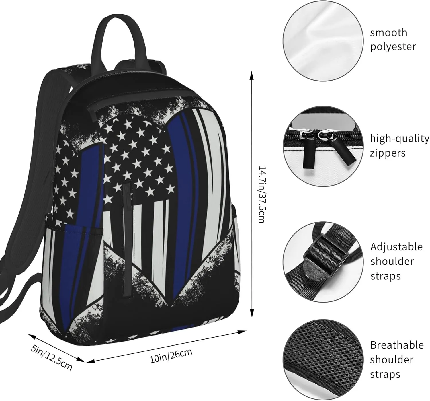 SWEET TANG American Thin Blue Line Flag Police love heart pattern black Backpack for Men Travel Laptop Backpack College Backpack Laptop Bag for Women