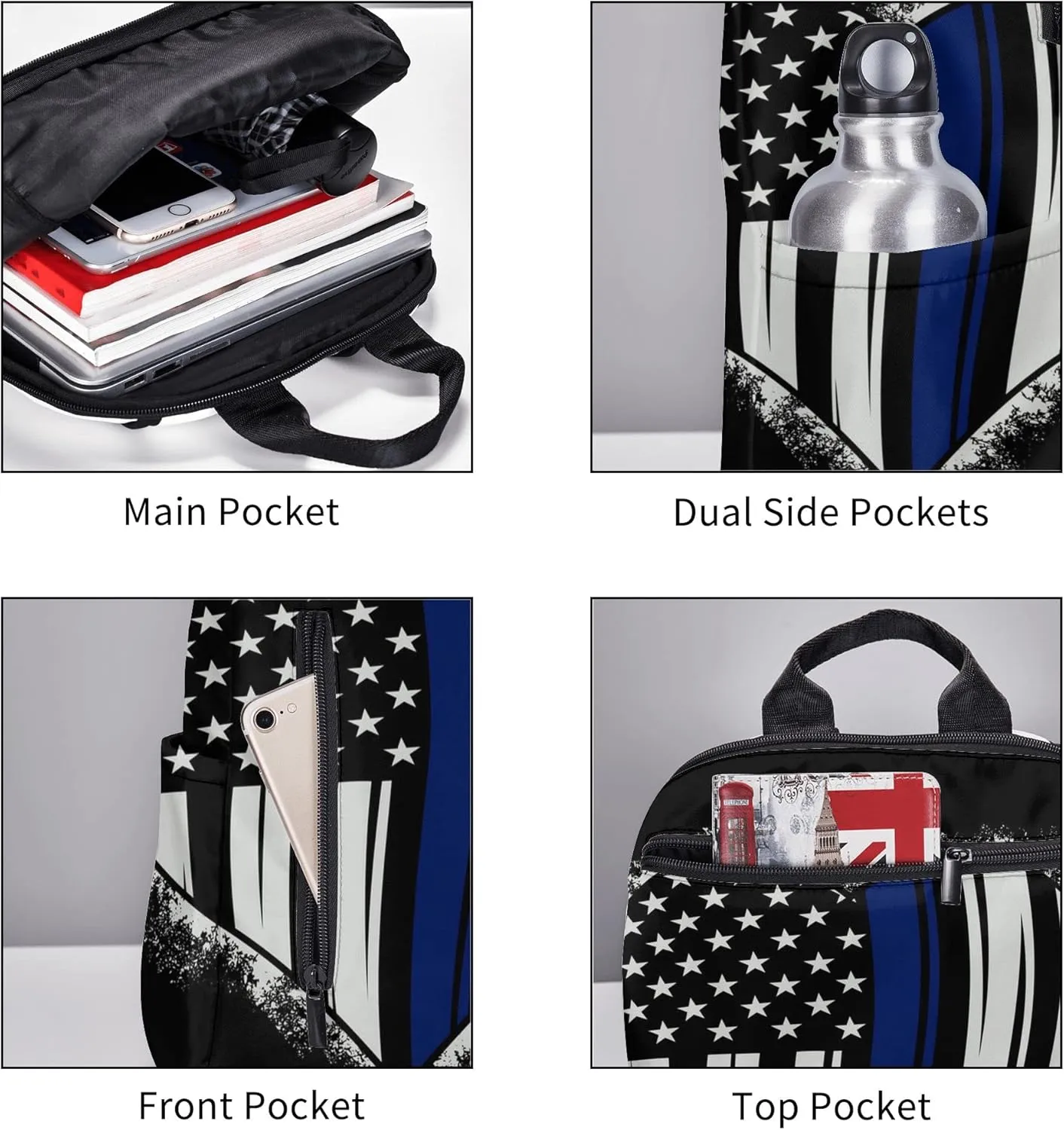SWEET TANG American Thin Blue Line Flag Police love heart pattern black Backpack for Men Travel Laptop Backpack College Backpack Laptop Bag for Women