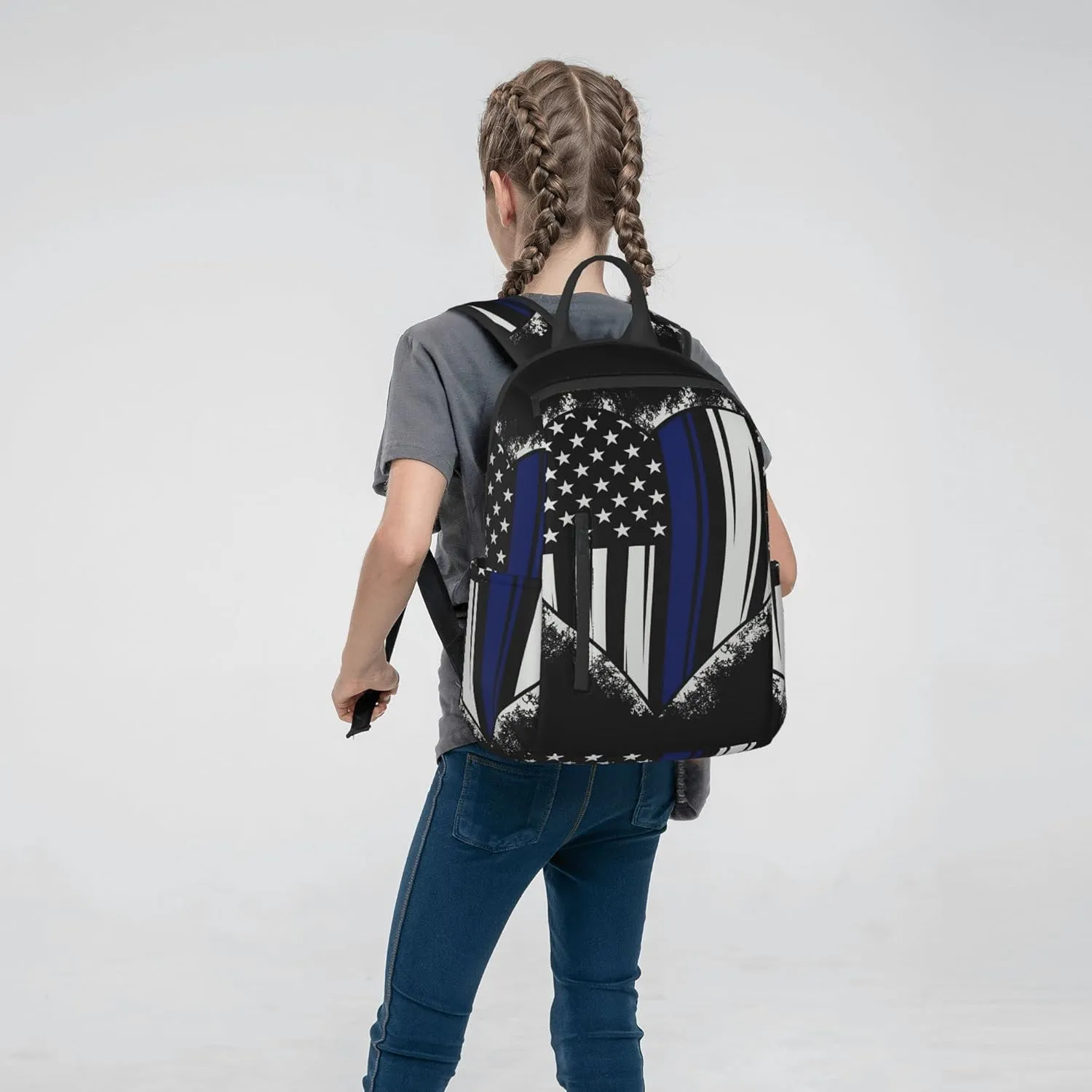 SWEET TANG American Thin Blue Line Flag Police love heart pattern black Backpack for Men Travel Laptop Backpack College Backpack Laptop Bag for Women