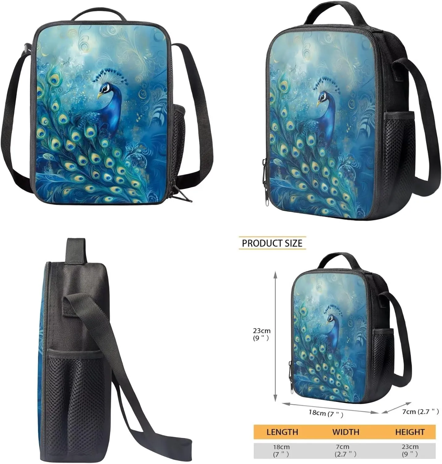Talayituse Blue Peacock Feather Print Backpack for Girls Boys Kids School Bag with Insulated Lunch Tote and Pencil Pouch Elementary Bookbag Lightweight Travel Daypack Rucksack, Set of 3