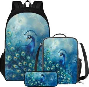 Talayituse Blue Peacock Feather Print Backpack for Girls Boys Kids School Bag with Insulated Lunch Tote and Pencil Pouch Elementary Bookbag Lightweight Travel Daypack Rucksack, Set of 3