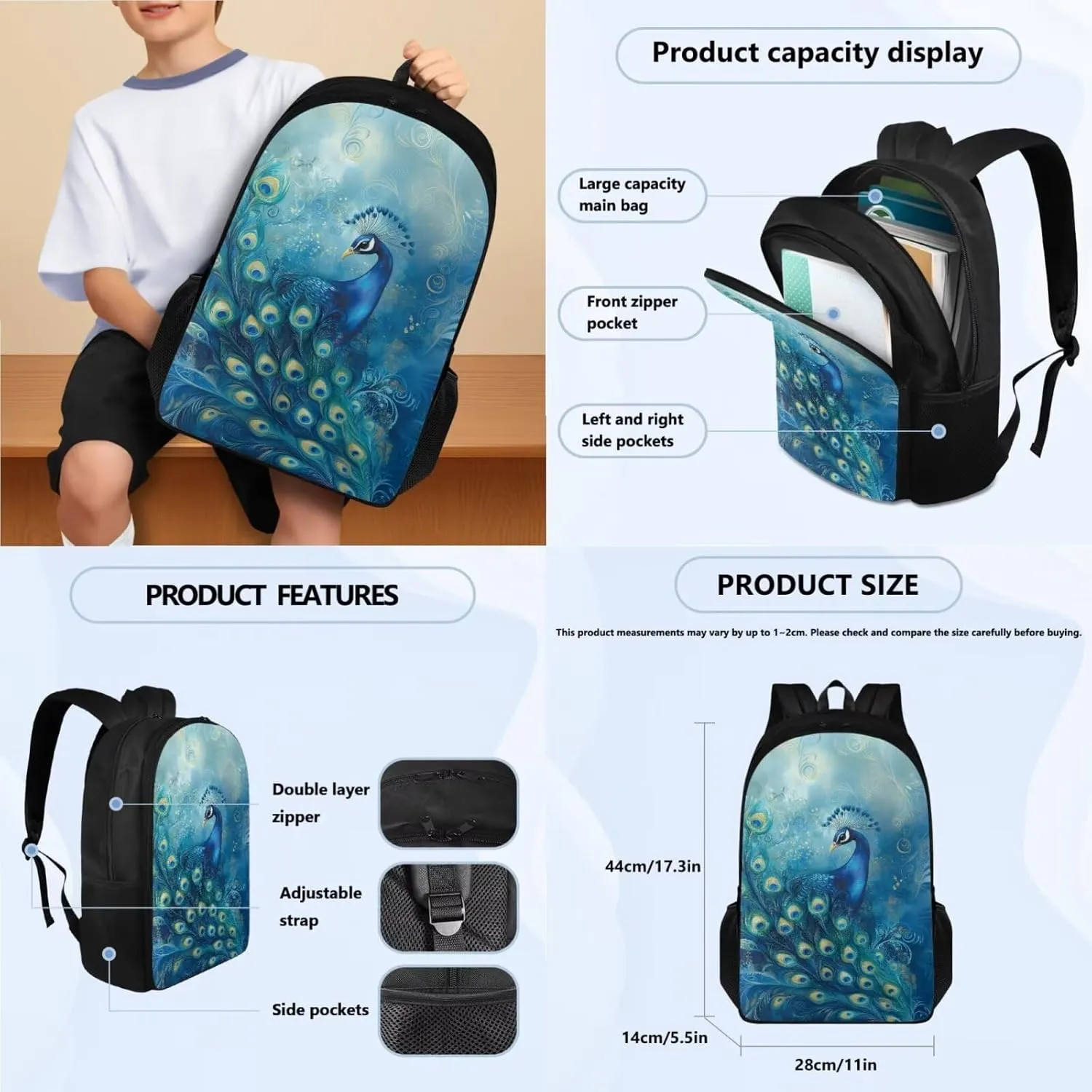 Talayituse Blue Peacock Feather Print Backpack for Girls Boys Kids School Bag with Insulated Lunch Tote and Pencil Pouch Elementary Bookbag Lightweight Travel Daypack Rucksack, Set of 3