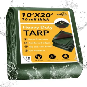 Tarp 10x20 Feet 16 Mil Heavy Duty Waterproof Tarp, Large Multipurpose Cover with Brass Grommets and Reinforced Edges, UV Resistant Thick Poly Tarps for Outdoor Camping Tent Pool Car, Green