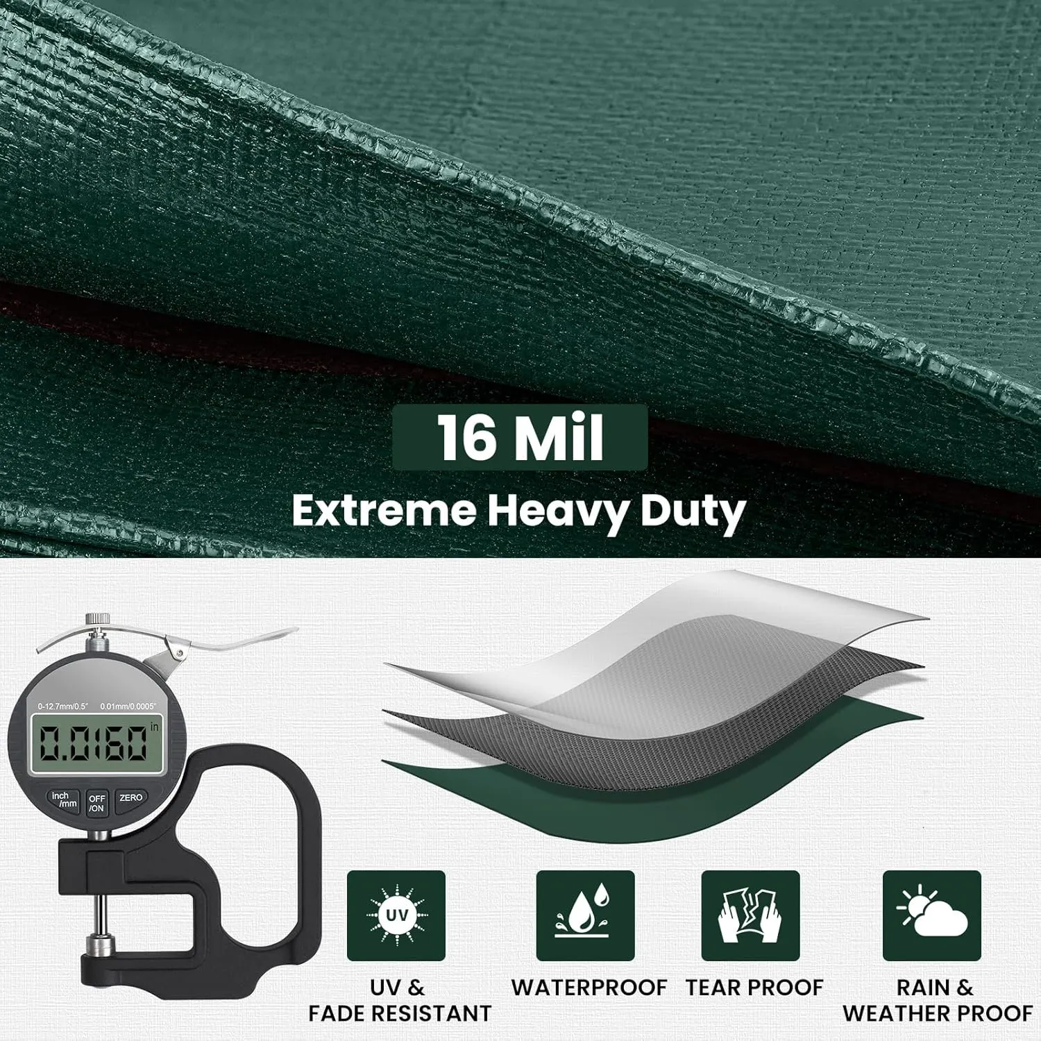 Tarp 10x20 Feet 16 Mil Heavy Duty Waterproof Tarp, Large Multipurpose Cover with Brass Grommets and Reinforced Edges, UV Resistant Thick Poly Tarps for Outdoor Camping Tent Pool Car, Green