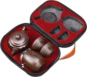 Tea Set Portable Tea Set with Travel Bag Chinese Style Teacups for 2-Person Home Office Travelling Household Ceramic Tea Set (Color : Brown Size : 21x17cm)