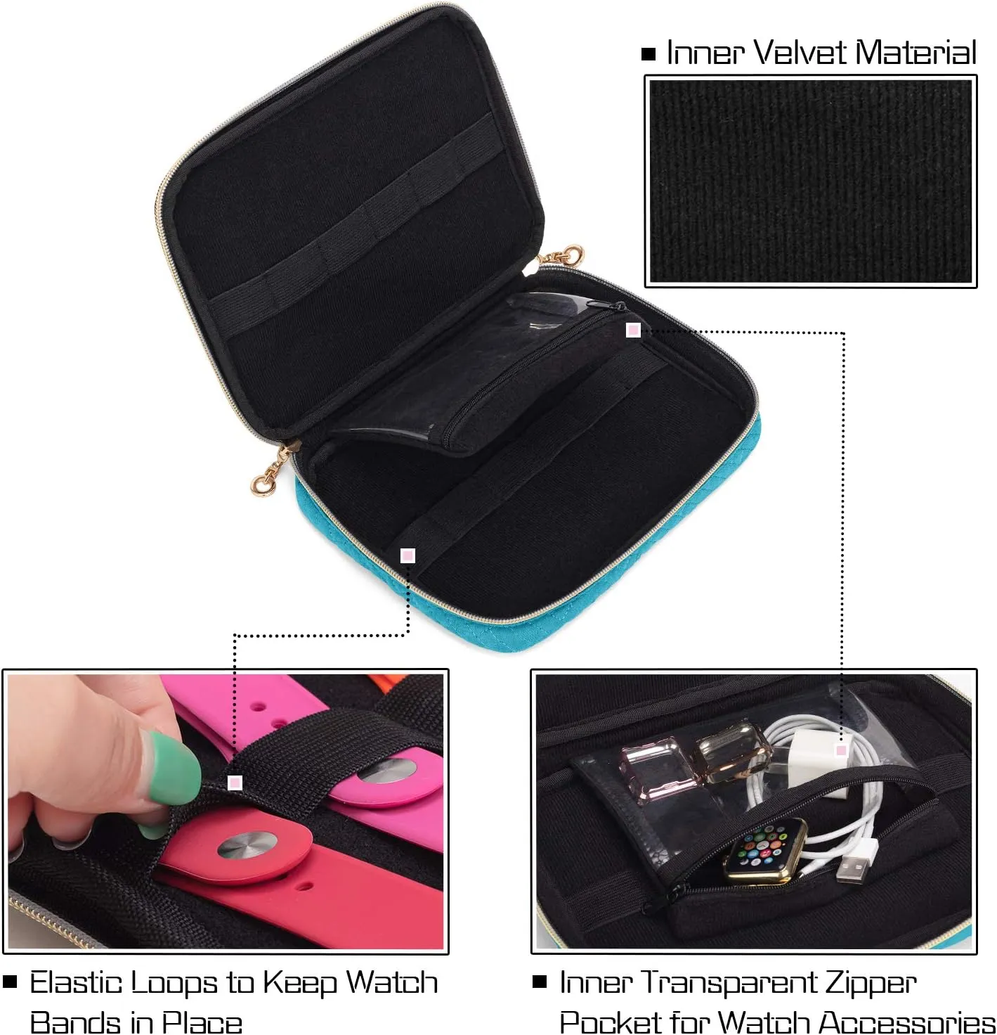 Teamoy Watch Storage Case - Holds 12 Straps, Travel Organizer Bag Compatible With All Series Apple and Smart Watch Bands, Teal